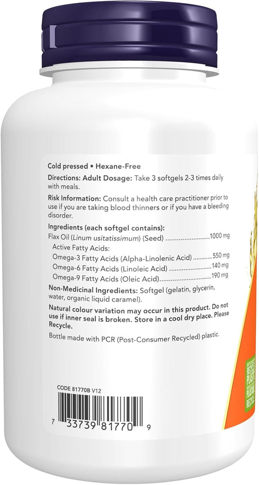 NOW Supplements, Flax Oil 1,000 mg made with Flax Oil, Cardiovascular Support, 100 Softgels