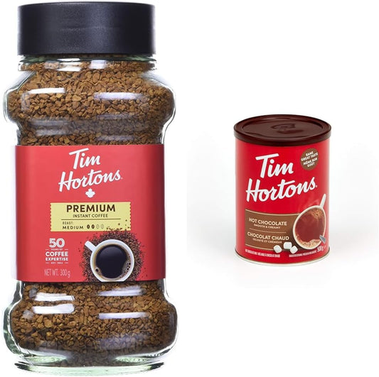 Tim Hortons 中度烘焙即溶咖啡,100% 哥倫比亞,300 克罐裝 & 熱巧克力飲料混合裝,原味,500 克罐裝