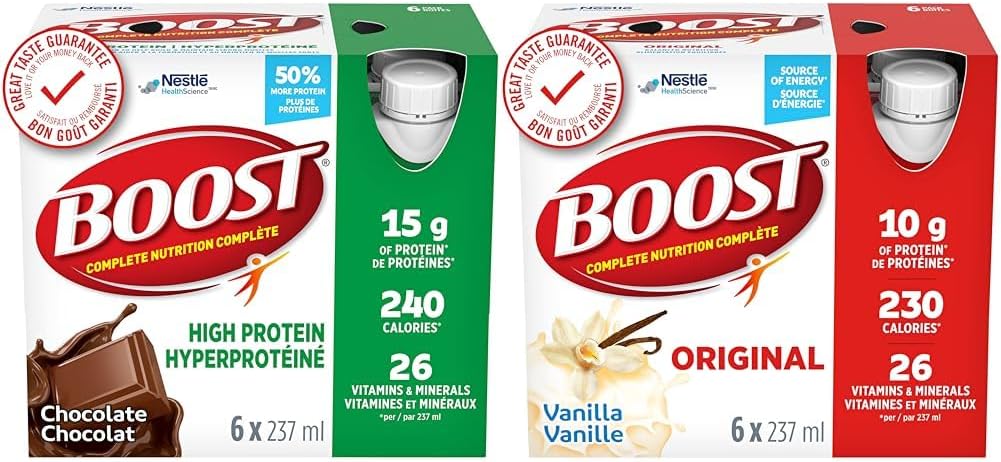 BOOST 15g 蛋白质代餐饮料,巧克力味,6x237ml,每箱 4 瓶,包装可能有所不同 & 原味代餐饮料,香草味,6x237ml,每箱 4 瓶,包装可能有所不同
