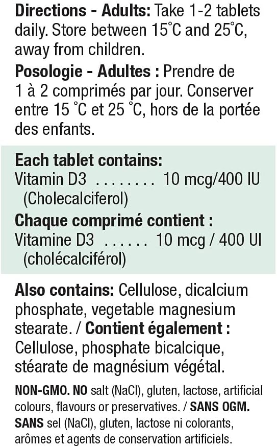 Jamieson 維生素 D3 400 國際單位片,支持免疫健康,強健骨骼和牙齒,增強鈣和磷的吸收。素食,非基因改造,無麩質,每日一片,90 片,加拿大製造