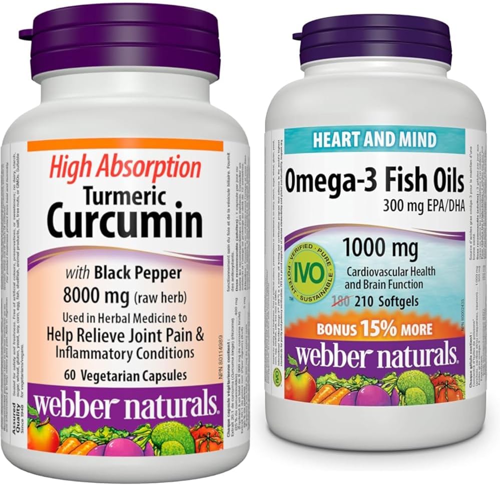 Webber Naturals 薑黃素與黑胡椒高吸收率和 Omega-3 魚油 1,000 毫克,210 粒軟膠囊,支持心血管健康和大腦功能