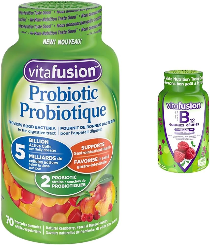 Vitafusion 益生菌成人軟糖,2 種益生菌菌株和 B12 成人維生素軟糖,每日 1000 微克維生素 B12,幫助營養代謝,140 粒,2 個月用量,包裝可能有所不同