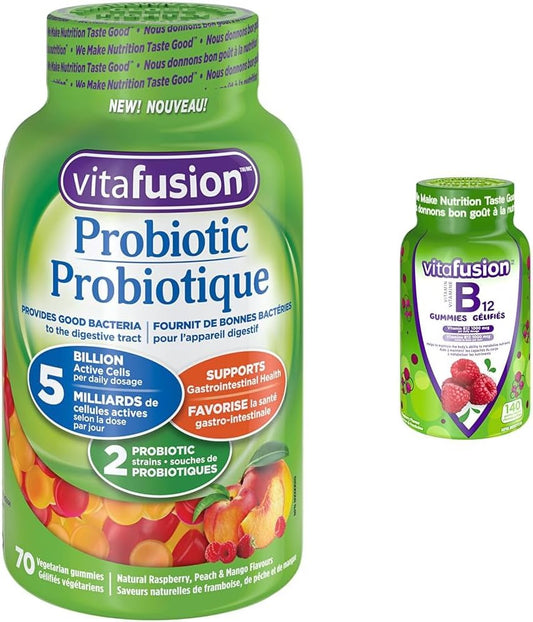 Vitafusion 益生菌成人軟糖,2 種益生菌菌株和 B12 成人維生素軟糖,每日 1000 微克維生素 B12,幫助營養代謝,140 粒,2 個月用量,包裝可能有所不同
