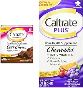 Caltrate 维生素 D 软咀嚼片(60 粒,巧克力味),钙,骨骼健康补充剂 & Plus 咀嚼片(50 粒,樱桃、橙子、水果味),钙/维生素 D3 补充剂