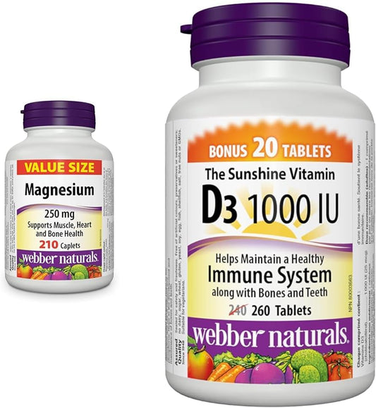 Webber Naturals 镁 250 毫克,210 粒胶囊,支持骨骼和肌肉功能,纯素,含维生素 D3 1000 IU,260 片,有助于骨骼和牙齿健康,维持身体健康