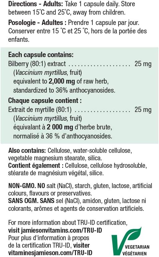 Jamieson 越橘 2,000 毫克,欧洲蓝莓,抗氧化剂,有益健康,并支持眼部健康。非转基因,无麸质,60 粒素食胶囊,加拿大制造