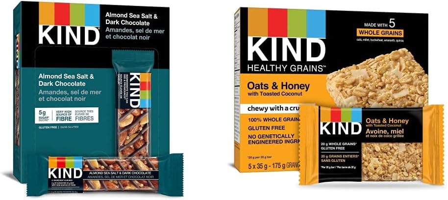 KIND Bars, Dark Chocolate Nuts & Sea Salt, Gluten Free, Low Sugar, 40 Grams, 12 Count & Healthy Grains Bars, Oats & Honey with Toasted Coconut, Gluten Free, 35 Grams, 5 Count