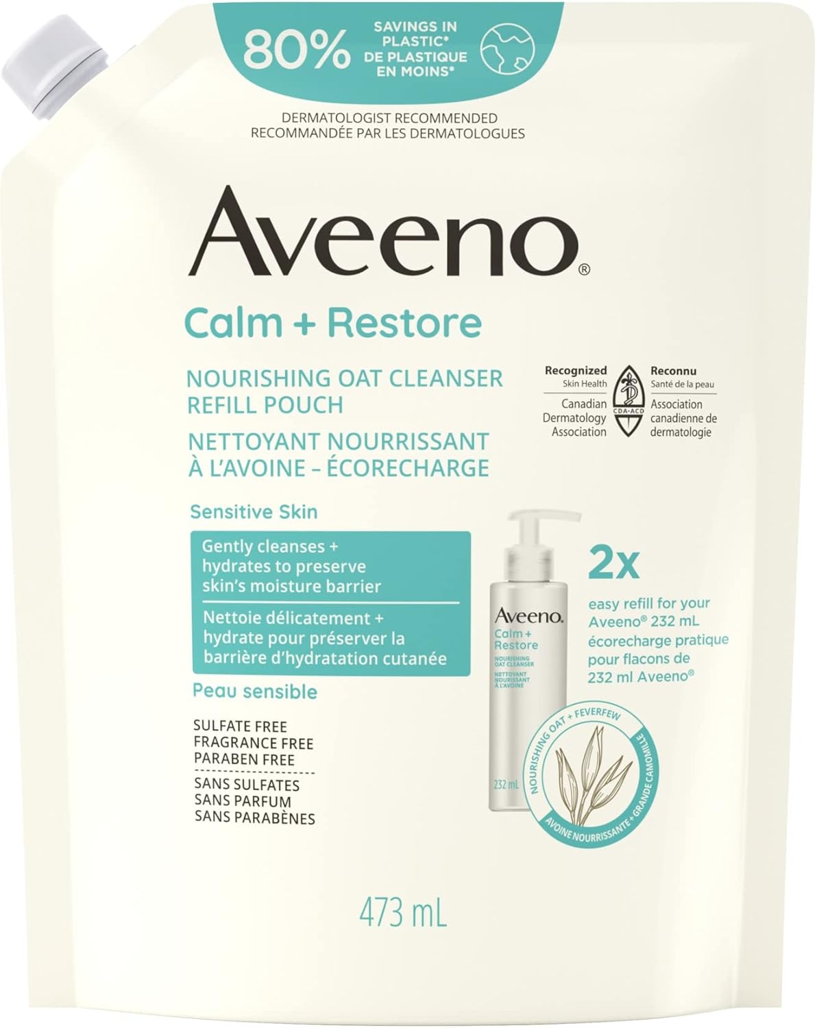 Aveeno Calm + Restore Nourishing Oat Facial Cleanser for Sensitive Skin, Gentle Gel Face Wash with Nourishing Oat & Calming Feverfew, Hypoallergenic, Fragrance- & Paraben-Free, 232mL (Packaging May Vary)