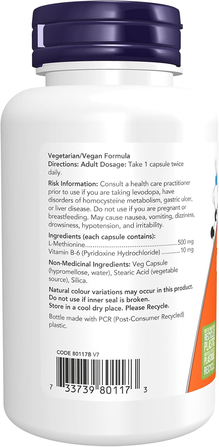 NOW Supplements,L-蛋胺酸 500 毫克,含維生素 B-6,支持排毒,胺基酸,100 粒素食膠囊