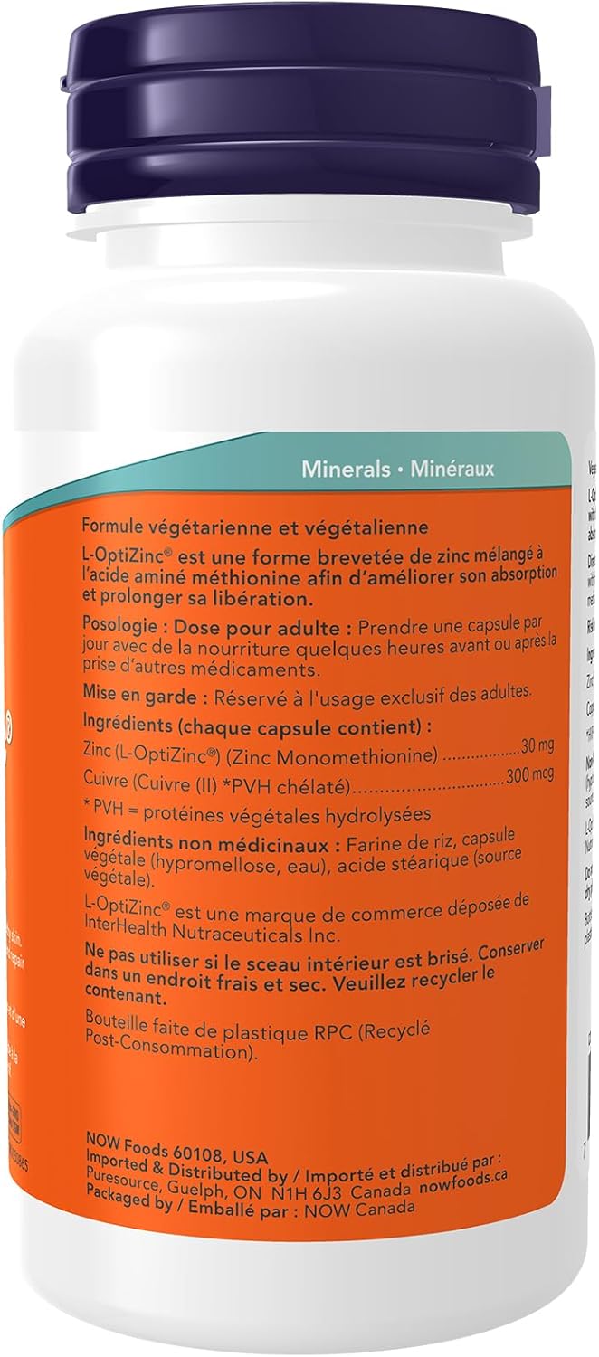 NOW Supplements, L-OptiZinc 30 毫克,含銅,高生物利用度形式,免疫支持*,100 粒素食膠囊