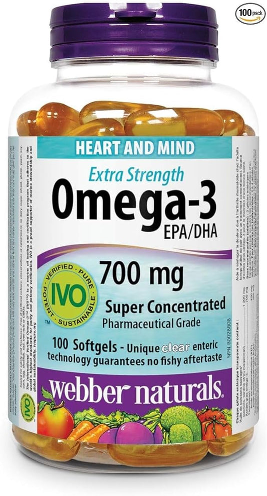 Webber Naturals Omega-3 700 毫克加强型,100 粒透明肠溶无鱼腥味软胶囊,支持心血管健康和大脑功能