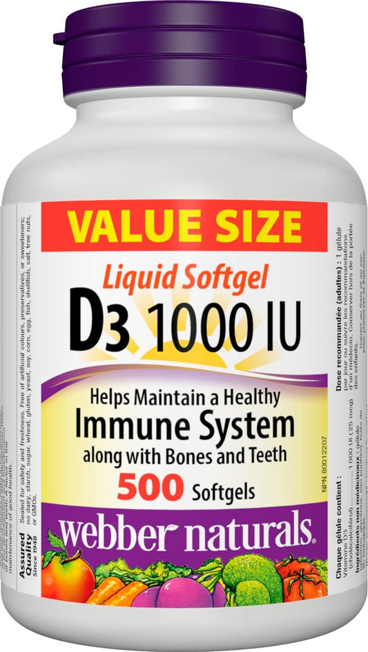 Webber Naturals 维生素 D3 1000 IU,500 粒软胶囊,有益于骨骼和牙齿健康,以及柠檬酸锌 50 毫克,180 片,有益于皮肤健康和免疫支持,纯素