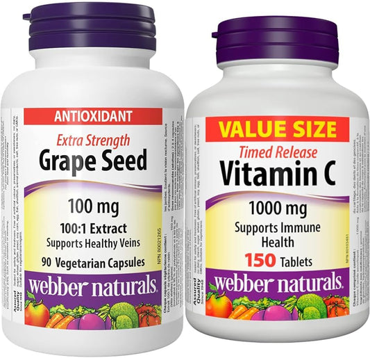 Webber Naturals 葡萄籽 100 毫克,强效,90 粒胶囊,抗氧化支持,纯素 & 维生素 C 定时释放 1000 毫克,150 片,适用于骨骼、牙齿、免疫和抗氧化健康