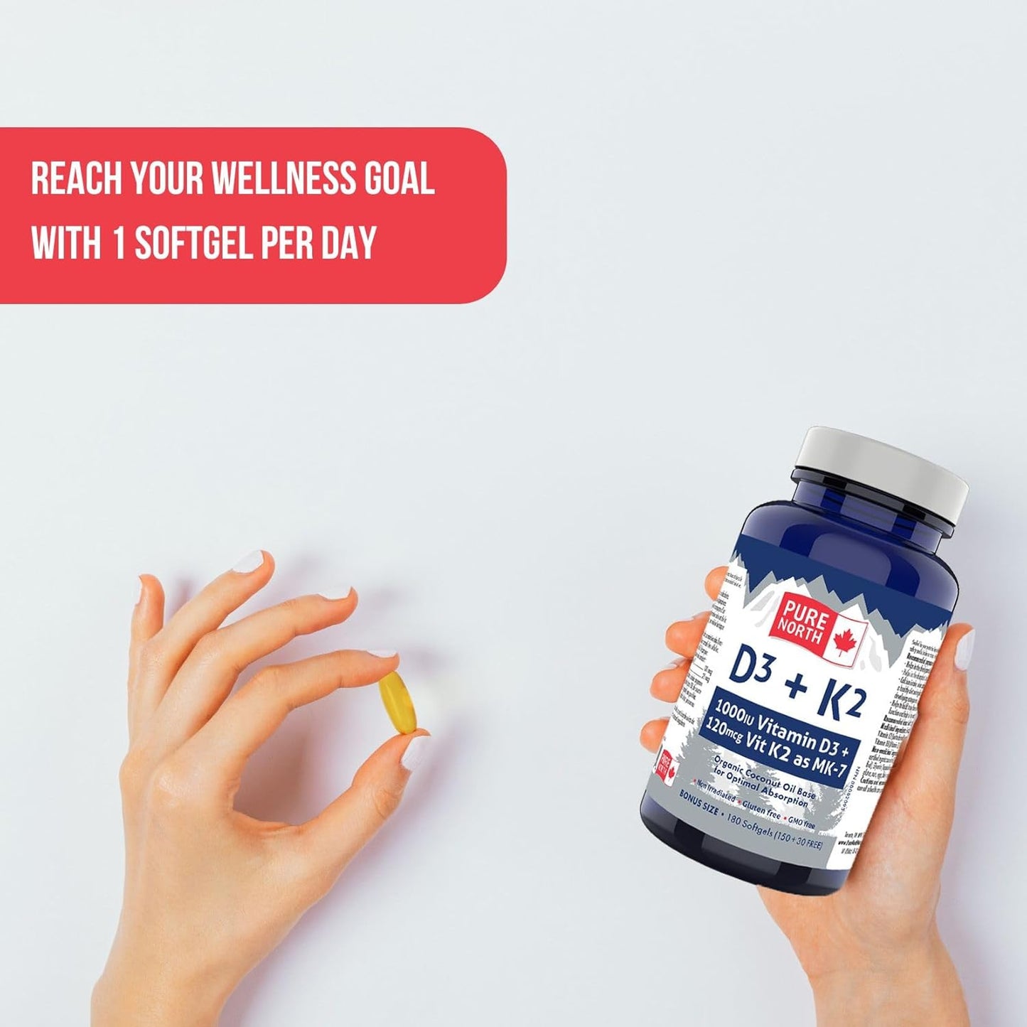 Pure North Naturals - D3 + K2 維生素補充劑 180 粒軟膠囊,180 天供應量 - 骨骼和牙齒健康 - D3 1000IU + K2 MK7 120mcg,含有機椰子油 - 經第三方測試 - 加拿大配製和製造
