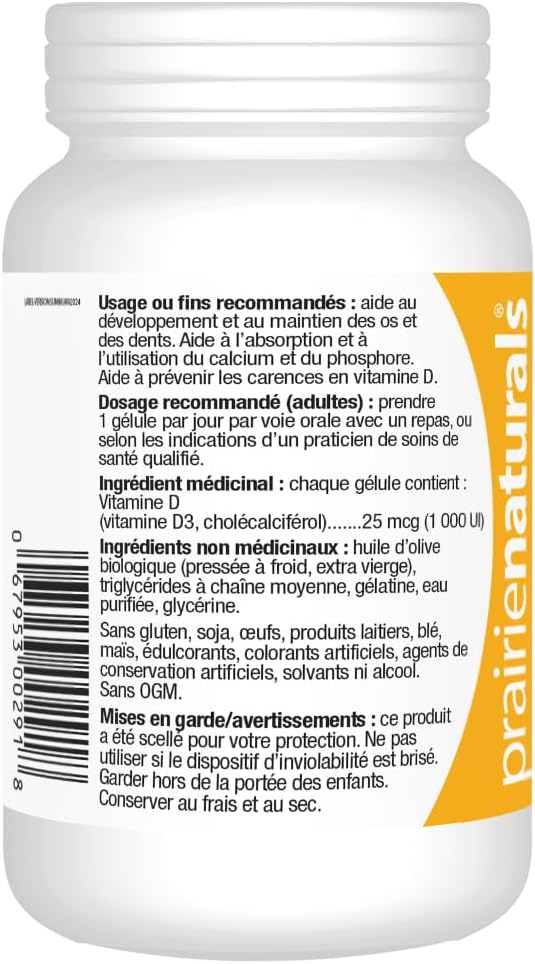 Prairie Naturals 維生素 D3 1000 IU 500 粒軟膠囊