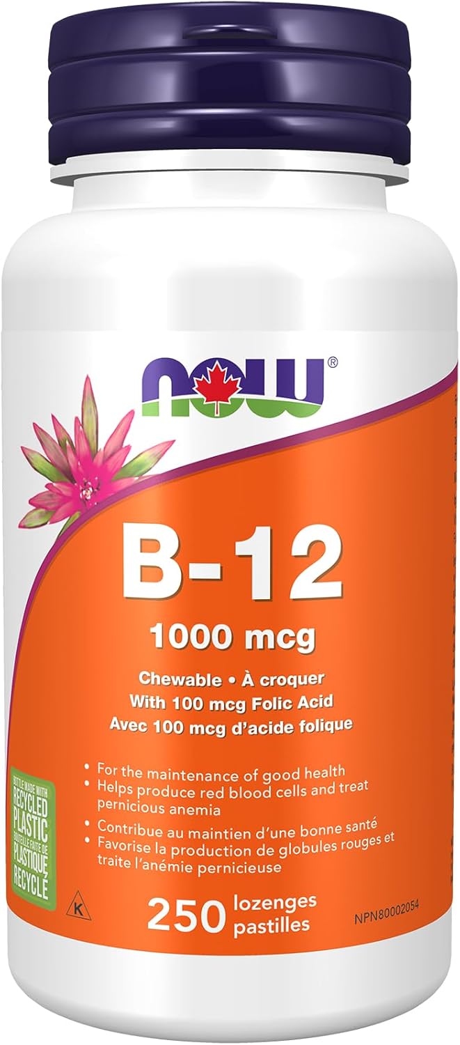 NOW Supplements,维生素 B-12 1,000 微克,含叶酸,促进神经系统健康,250 粒咀嚼片