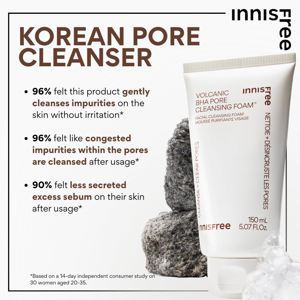 innisfree Volcanic BHA Pore Cleansing Foam, Korean Face Wash with Salicylic Acid, Oil Control, Deep Clean, Pore Care, Sulfate-Free Formula