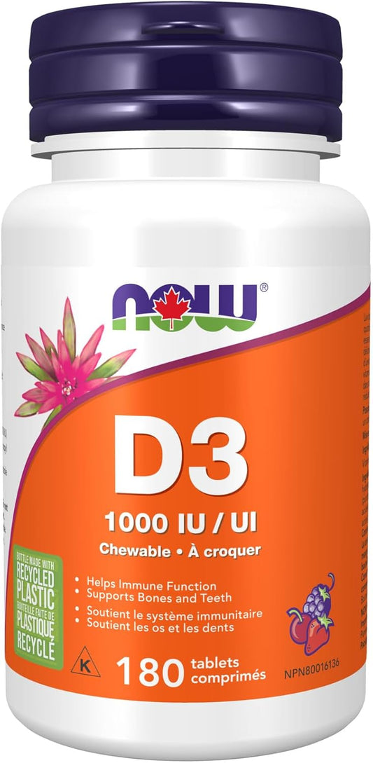 NOW Supplements,维生素 D-3 1,000 IU,天然水果味,结构支持,180 粒咀嚼片