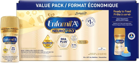 Enfamil A+ NeuroPro 嬰兒配方奶粉,即食,奶嘴瓶裝,含促進大腦發育的 DHA 和 2'FL 免疫支持,0-12 個月,18 x 237 毫升