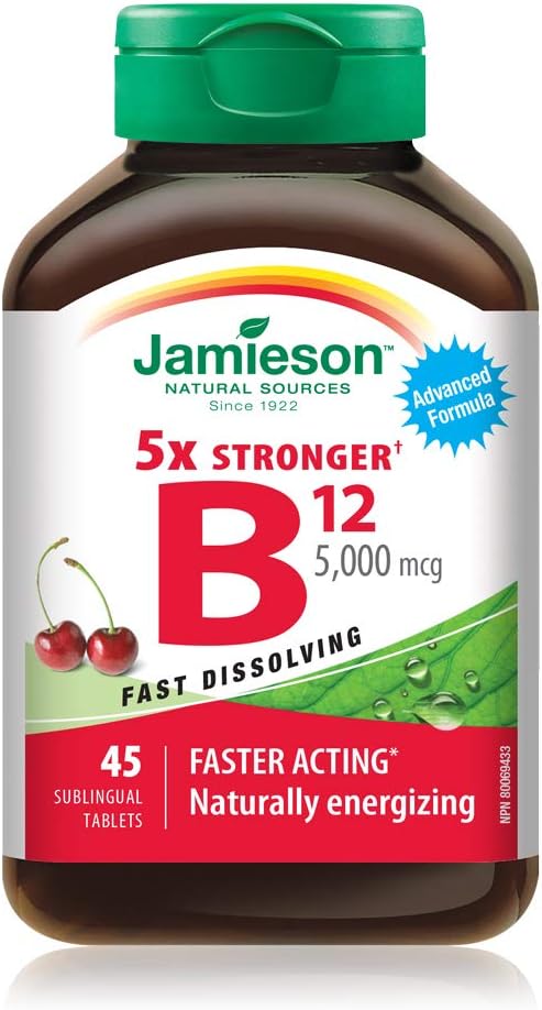 Jamieson 维生素 B12 5,000 微克速溶舌下片,天然樱桃味,甲钴胺,促进能量生成和代谢。素食。无麸质,不含人工色素、香精或防腐剂……