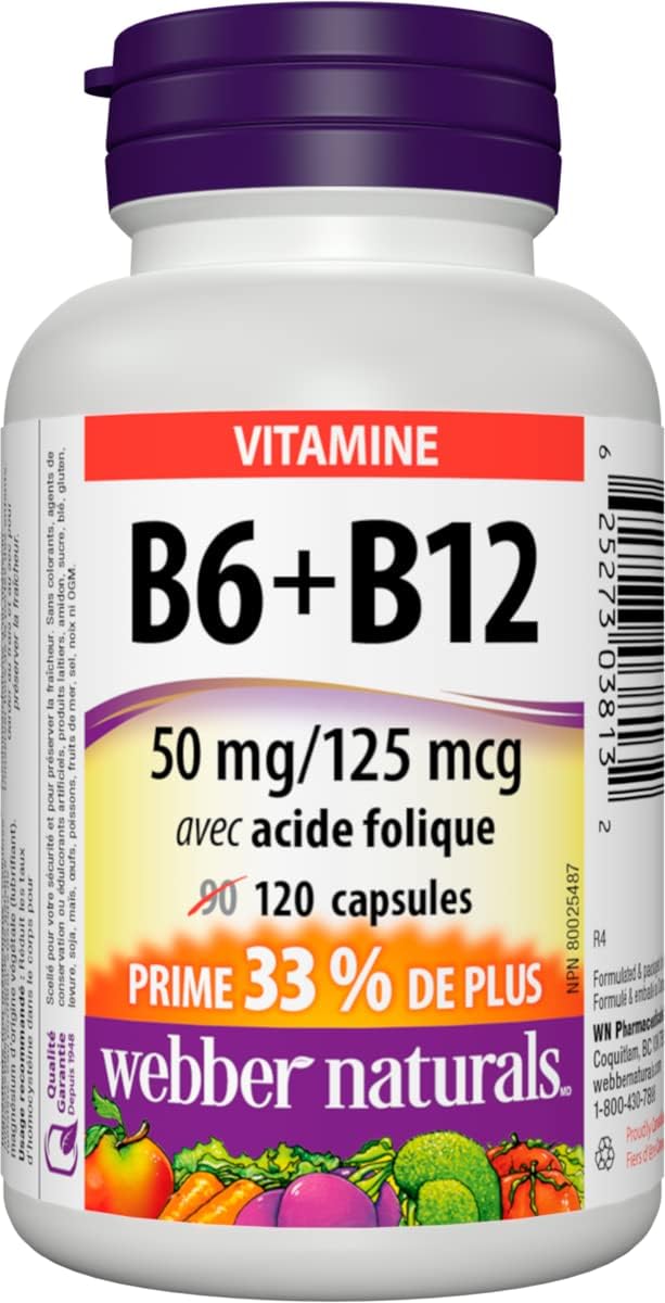 Webber Naturals 维生素 B6 + B12 含叶酸,120 粒胶囊