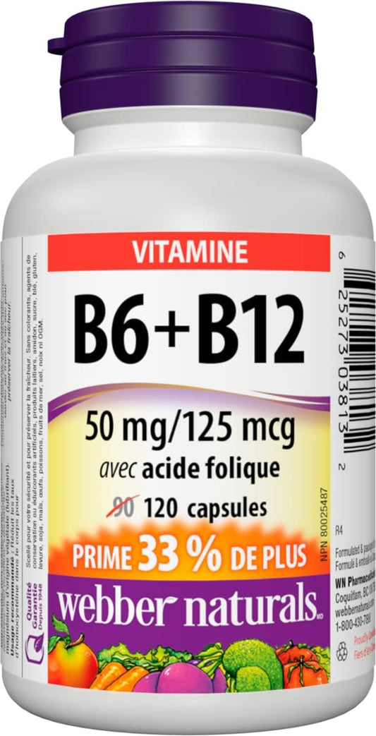 Webber Naturals 维生素 B6 + B12 含叶酸,120 粒胶囊