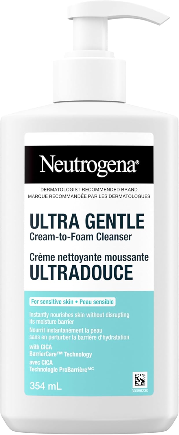 Neutrogena Ultra Gentle Cream-to-Foam Cleanser, Face Wash for Sensitive Skin, Dry Skin, Cleanser, Dermatologist Tested, Hypoallergenic, Cica, Fragrance Free, 354mL
