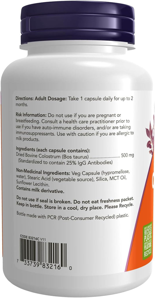 NOW Supplements,初乳 500 毫克,天然免疫球蛋白和乳鐵蛋白,120 粒素食膠囊