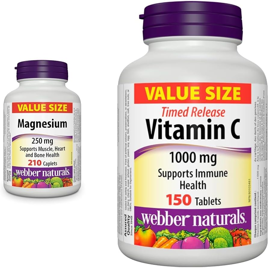 Webber Naturals 鎂 250 毫克,210 粒膠囊,支持骨骼和肌肉功能,純素 & 維生素 C 定時釋放 1000 毫克,150 片,用於骨骼、牙齒、免疫和抗氧化健康