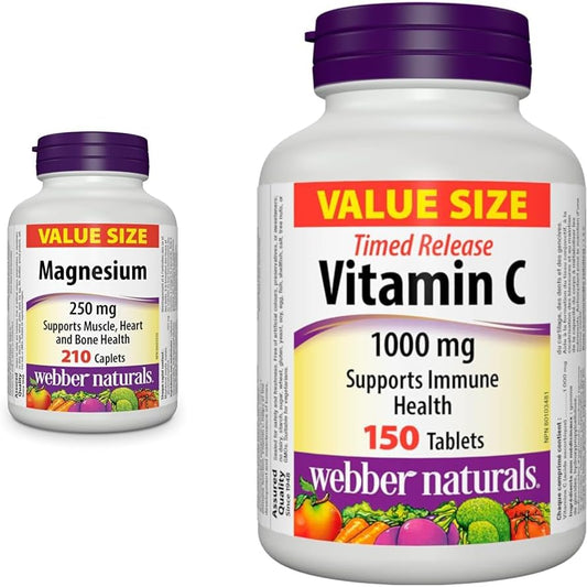 Webber Naturals 镁 250 毫克,210 粒胶囊,支持骨骼和肌肉功能,纯素 & 维生素 C 定时释放 1000 毫克,150 片,用于骨骼、牙齿、免疫和抗氧化健康