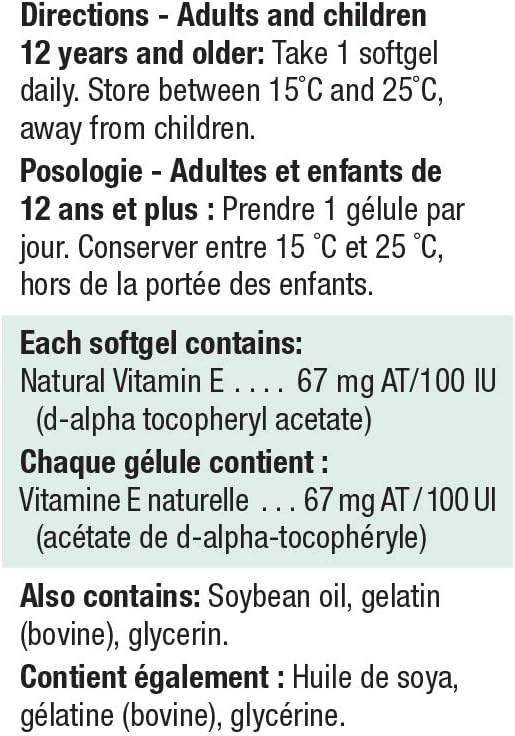 Jamieson 維生素 E 100 國際單位軟膠囊,天然抗氧化劑,有助於預防組織損傷和維生素 E 缺乏症。不含麩質,不含人工香料、色素或防腐劑,100 粒裝,加拿大製造