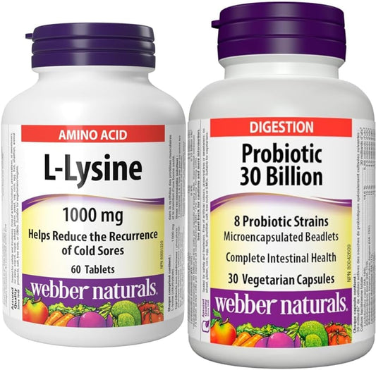 Webber Naturals L-赖氨酸 1000 毫克,60 片,预防唇疱疹,纯素和益生菌,300 亿活性细胞,8 种益生菌菌株,30 粒胶囊,促进消化健康,素食