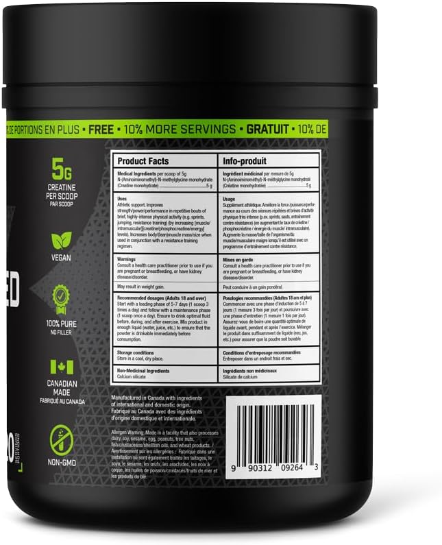 BULL Nutrition – 微粉化肌酸一水合物补充剂粉,用于促进肌肉生长、增强耐力和力量,从而提高运动表现 – 加拿大制造 – 220 份,1100 克 - 无味