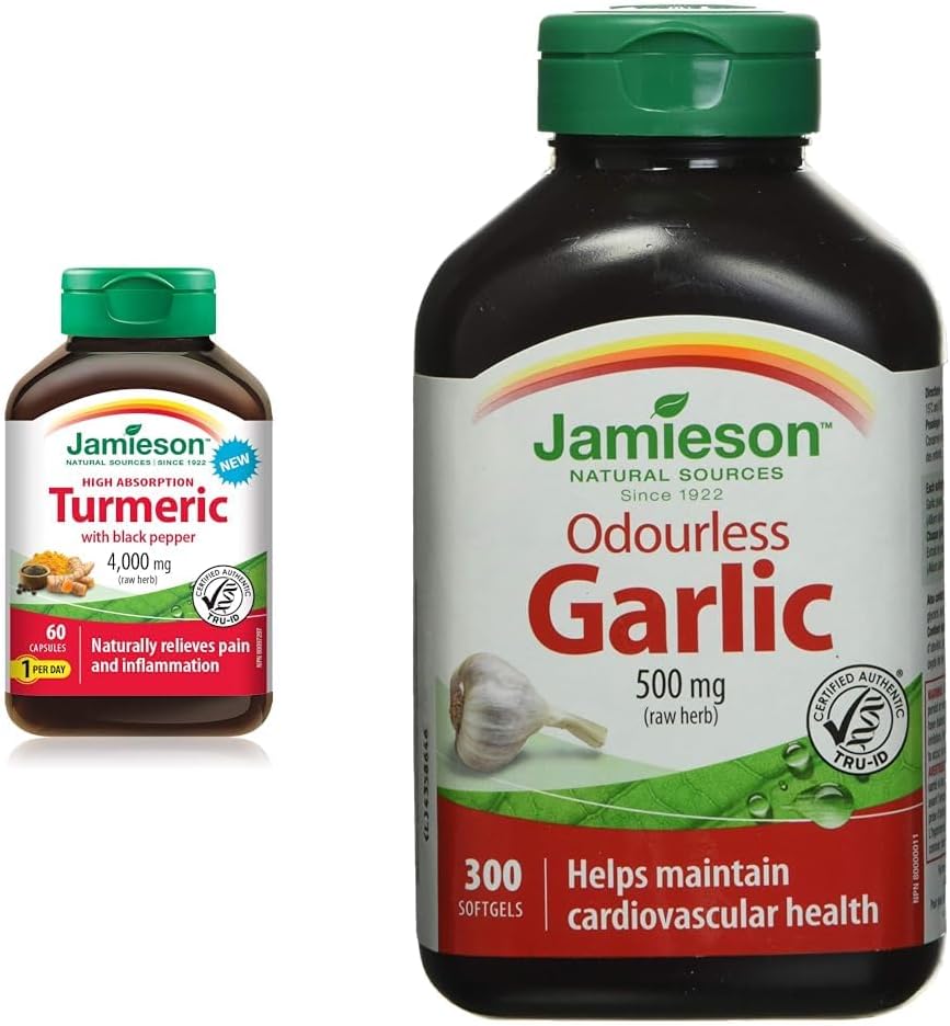 High Absorption Turmeric with Black Pepper 4,000 mg - Non-GMO, Gluten-Free & Odourless Garlic 500mg 300 Softgels