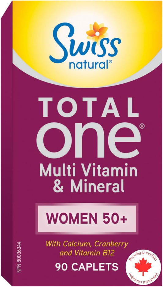 瑞士天然全效复合维生素和矿物质 | 50岁以上女性适用,含钙、蔓越莓和维生素B12,不含铁 | 日常维护整体健康 | 不含防腐剂或乳制品 | 90粒胶囊