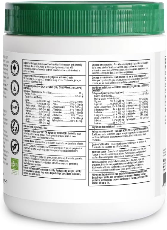 Organika 加拿大制造强化胶原蛋白粉 - 有益于头发、皮肤、指甲和关节健康。水解蛋白肽,更易吸收 - 草饲,非转基因 - 无味 - 500克