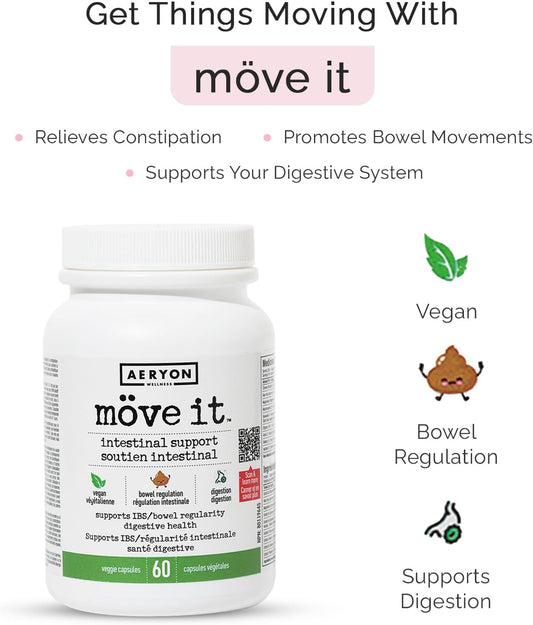 Möve it All-Natural Laxative Free Stool Softener by Aeryon Wellness | Made in Canada | IBS Relief w/Digestive Enzymes | Bloating Relief, Restores Gut health | Natural Colon Cleanser (60 Veggie Caps)