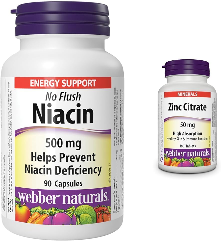 Webber Naturals 菸鹼酸 500 毫克,90 粒膠囊,無潮紅,維生素 B3 補充劑,支持能量產生和代謝,檸檬酸鋅 50 毫克,180 片,有益於皮膚健康和免疫支持,純素