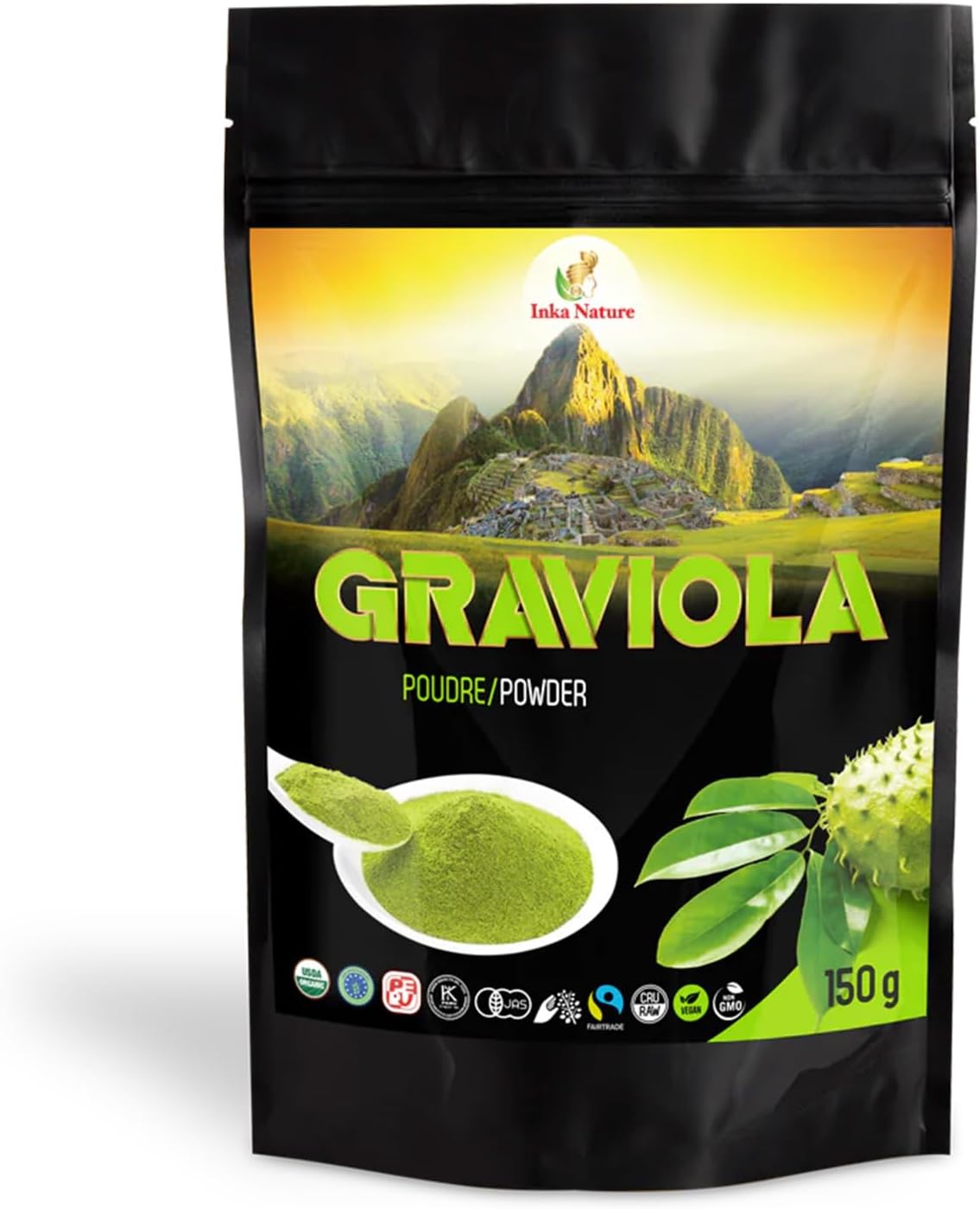 Inka Nature 刺果番荔枝粉补充剂,150 克,50 份,植物性超级食品,含维生素 C 和 E,支持日常健康、平衡能量和健康消化,富含抗氧化剂,纯素且非转基因