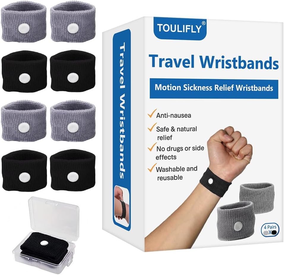 Travel Wristbands,Travel Motion Sickness Relief Wrist Band,Natural Nausea Relief,4-Pair (Black+Grey)