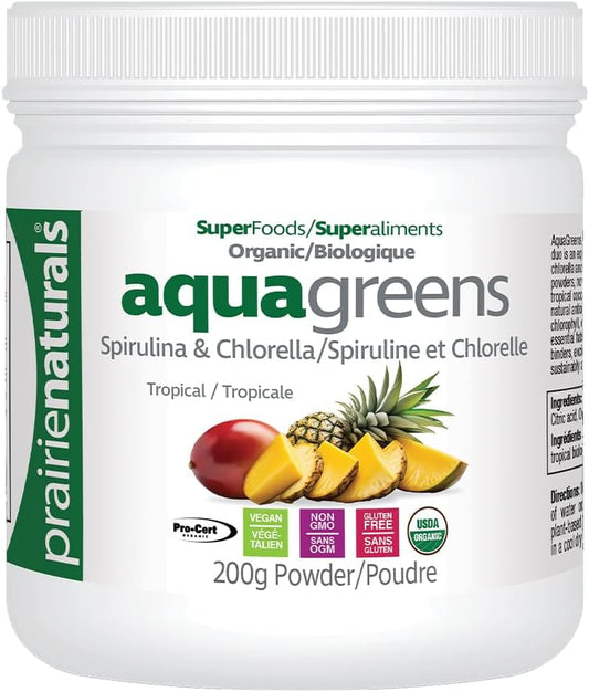 Prairie Naturals Organic Aqua Greens, Organic Spirulina & Chlorella Blend, Green Energizer, Detoxification, Antioxidant, Third-party tested, Vegan, Gluten-Free, Non-GMO, Grown sustainably and organically outside, Tropica…
