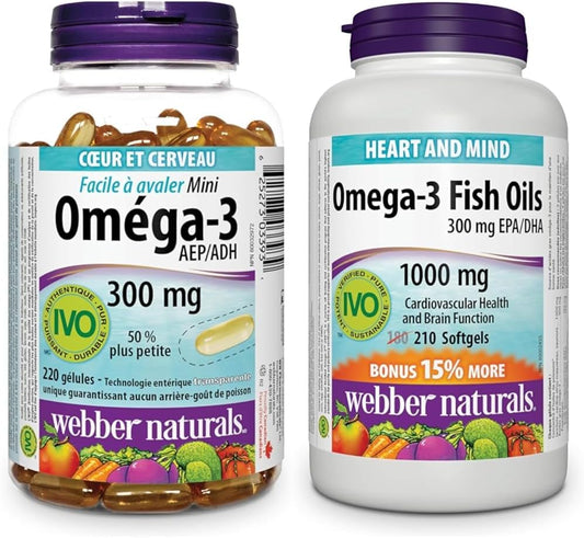 Webber Naturals Omega-3 300 毫克迷你装,220 粒透明肠溶无鱼腥味迷你软胶囊和 Omega-3 鱼油 1,000 毫克,210 粒软胶囊,支持心血管健康和脑功能