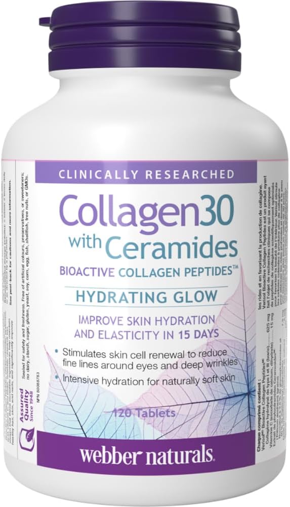 Webber Naturals Collagen30 含神經醯胺,生物活性膠原蛋白勝肽,120 片,保濕亮澤,有助於改善皮膚保濕、彈性和光滑度