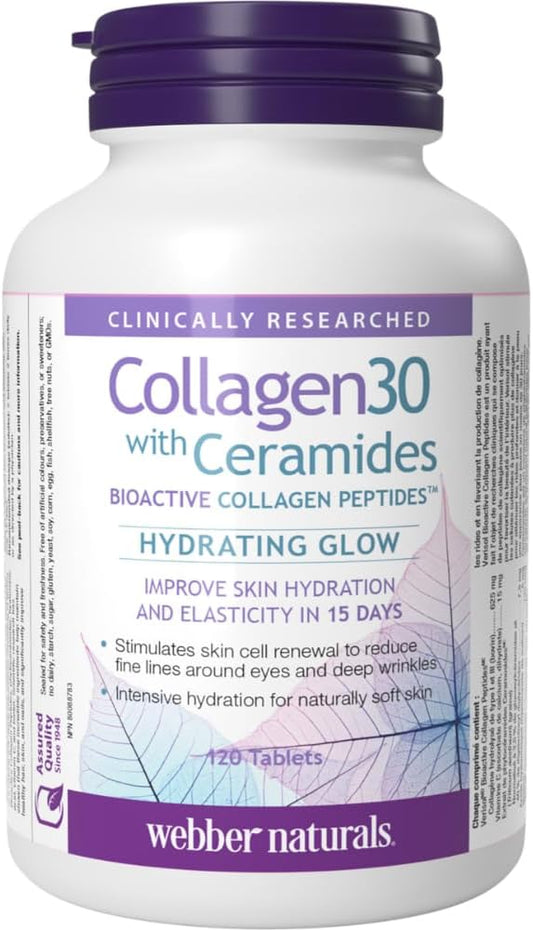 Webber Naturals Collagen30 含神經醯胺,生物活性膠原蛋白勝肽,120 片,保濕亮澤,有助於改善皮膚保濕、彈性和光滑度