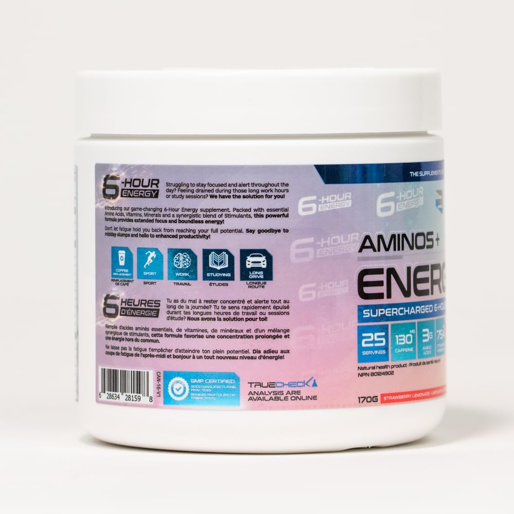 Amino+Energy6-6 小时能量补充剂,含氨基酸、维生素、矿物质和兴奋剂 - 提升注意力和能量 - (草莓柠檬水)