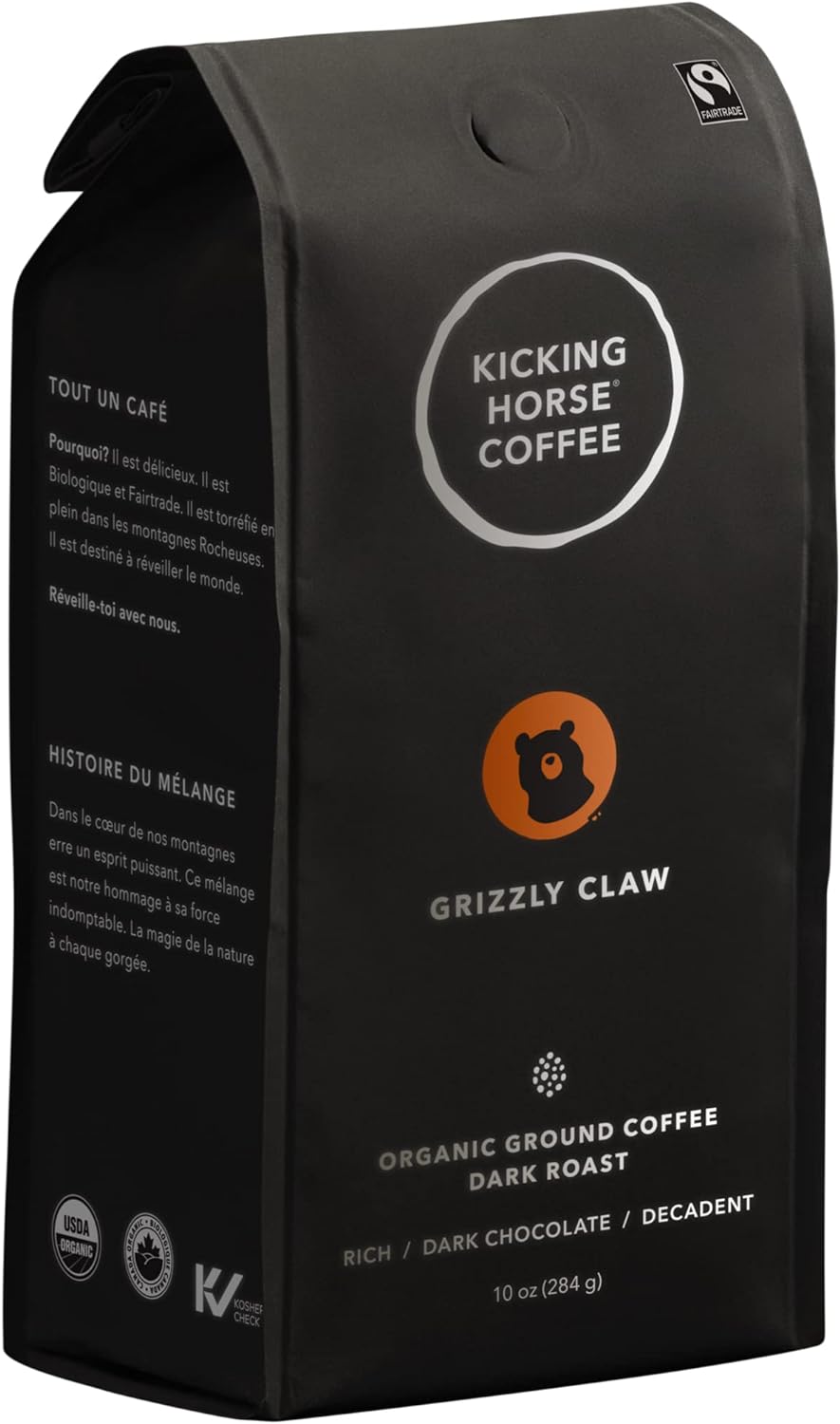 Kicking Horse Coffee,脱咖啡因,瑞士水处理,深度烘焙,全豆,1 磅,公平贸易,犹太洁食咖啡 & Grizzly Claw,深度烘焙,研磨,284 克 - 有机认证,公平贸易,犹太洁食咖啡