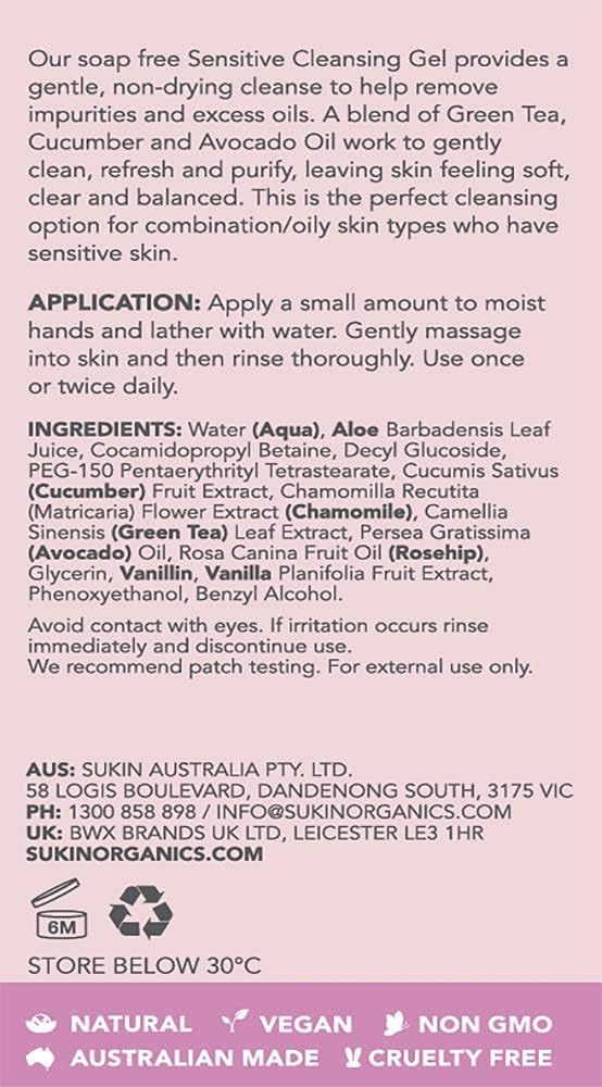 Sukin Sensitive Cleansing Gel – Face Wash for Sensitive Combination or Oily Skin with Green Tea, Aloe Vera and Vanilla, Vegan, Cruelty Free, Mineral Oil Free, Sulfate Free, Paraben Free – 125 mL