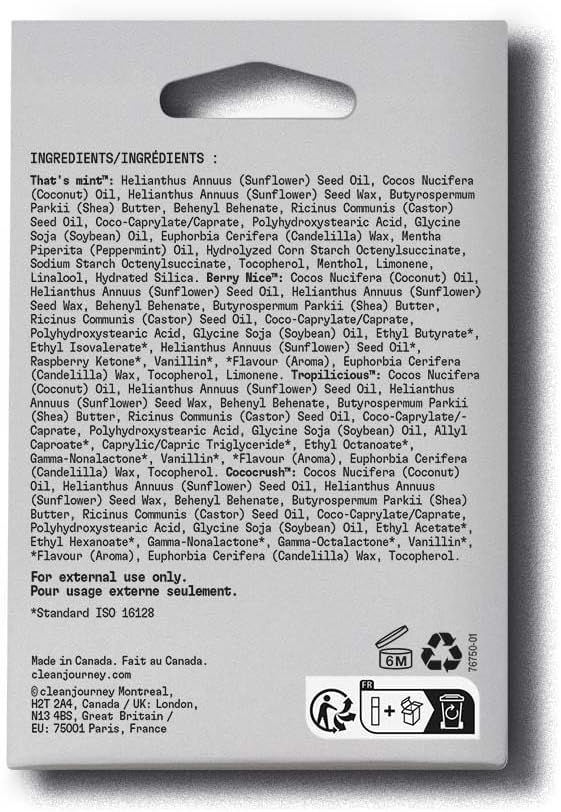 cleanjourney 潤唇膏套裝,99% 天然來源,滋養和保護,蓖麻油、椰子油和乳木果油,EWG 認證,純素,適用於乾燥的嘴唇,薄荷、覆盆子、異國情調和椰子,4.25 克(4 件裝)