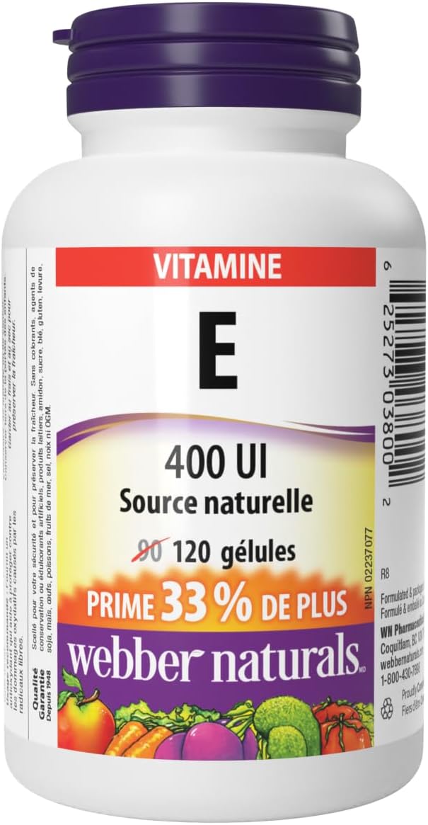 Webber Naturals 维生素 E 400 IU,120 粒软胶囊,天然维生素 E 来源,具有抗氧化作用