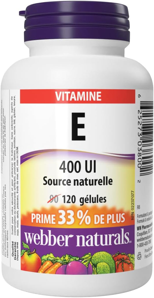 Webber Naturals 维生素 E 400 IU,120 粒软胶囊,天然维生素 E 来源,具有抗氧化作用